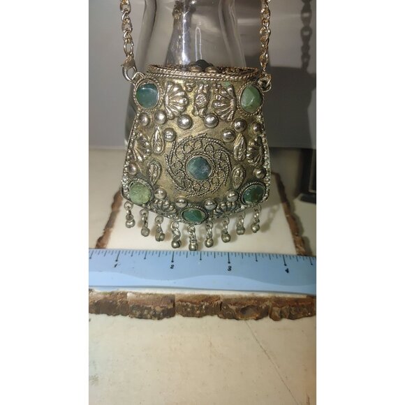 Sajai Gemstone Coin Purse Ethnic Silver Pendant Necklace Green Gemstones Bohemia - Picture 11 of 16